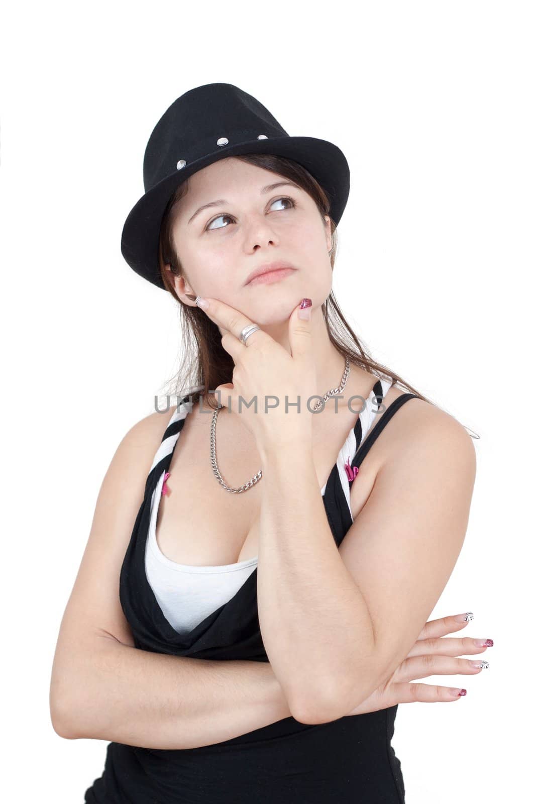 young brunette girl with black hat wearing is thinking about somethink