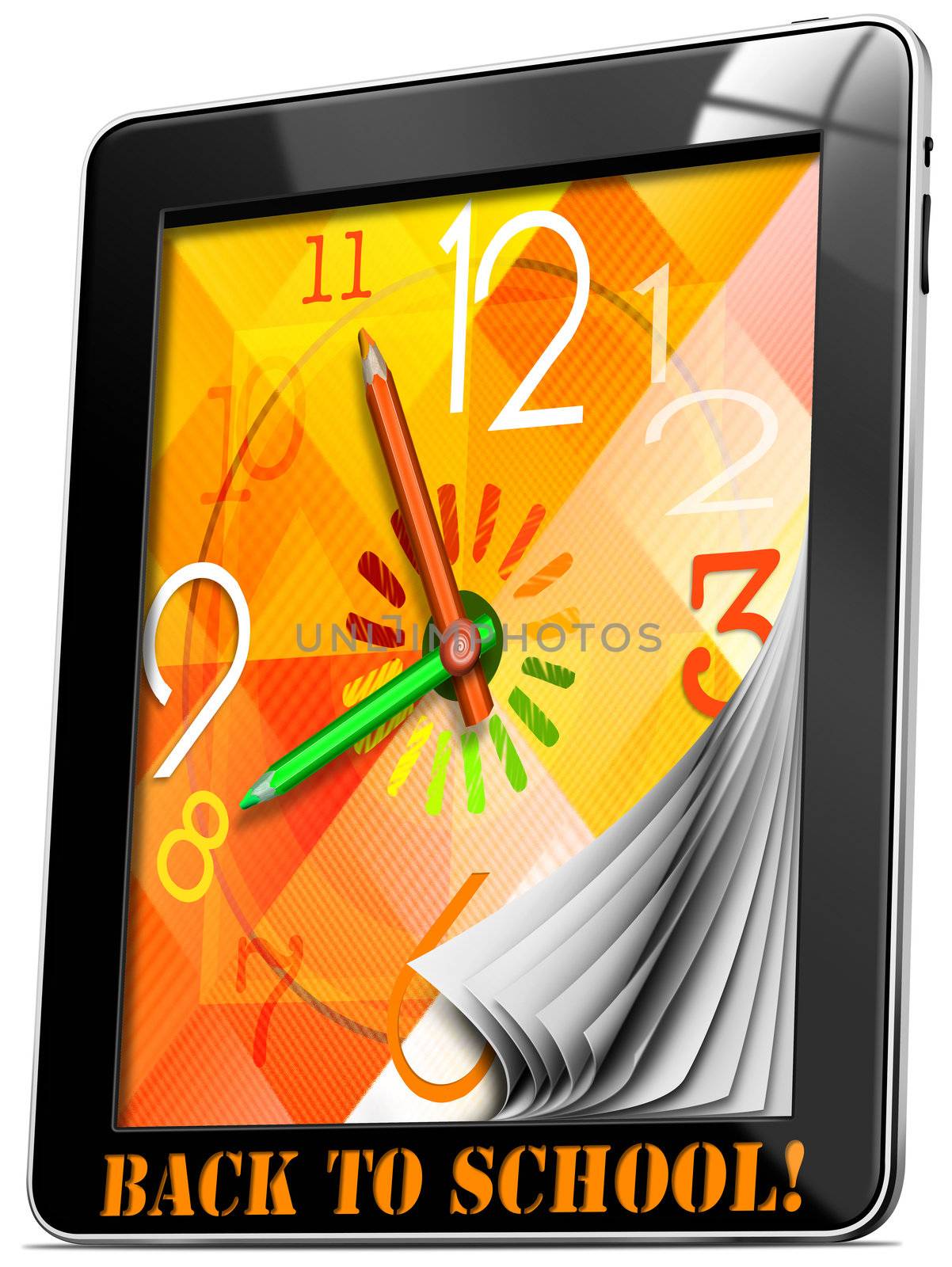 Colorful watch with hands, concept back to school on tablet pc!
