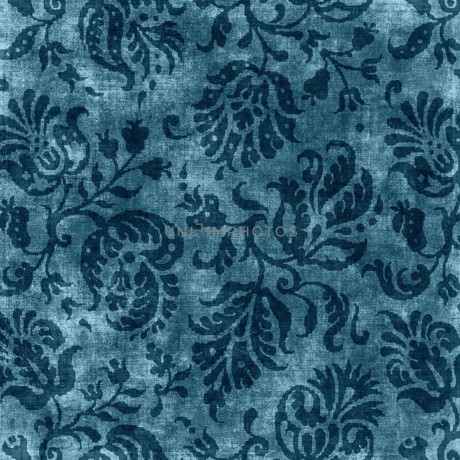 Worn deep blue floral tapestry pattern
