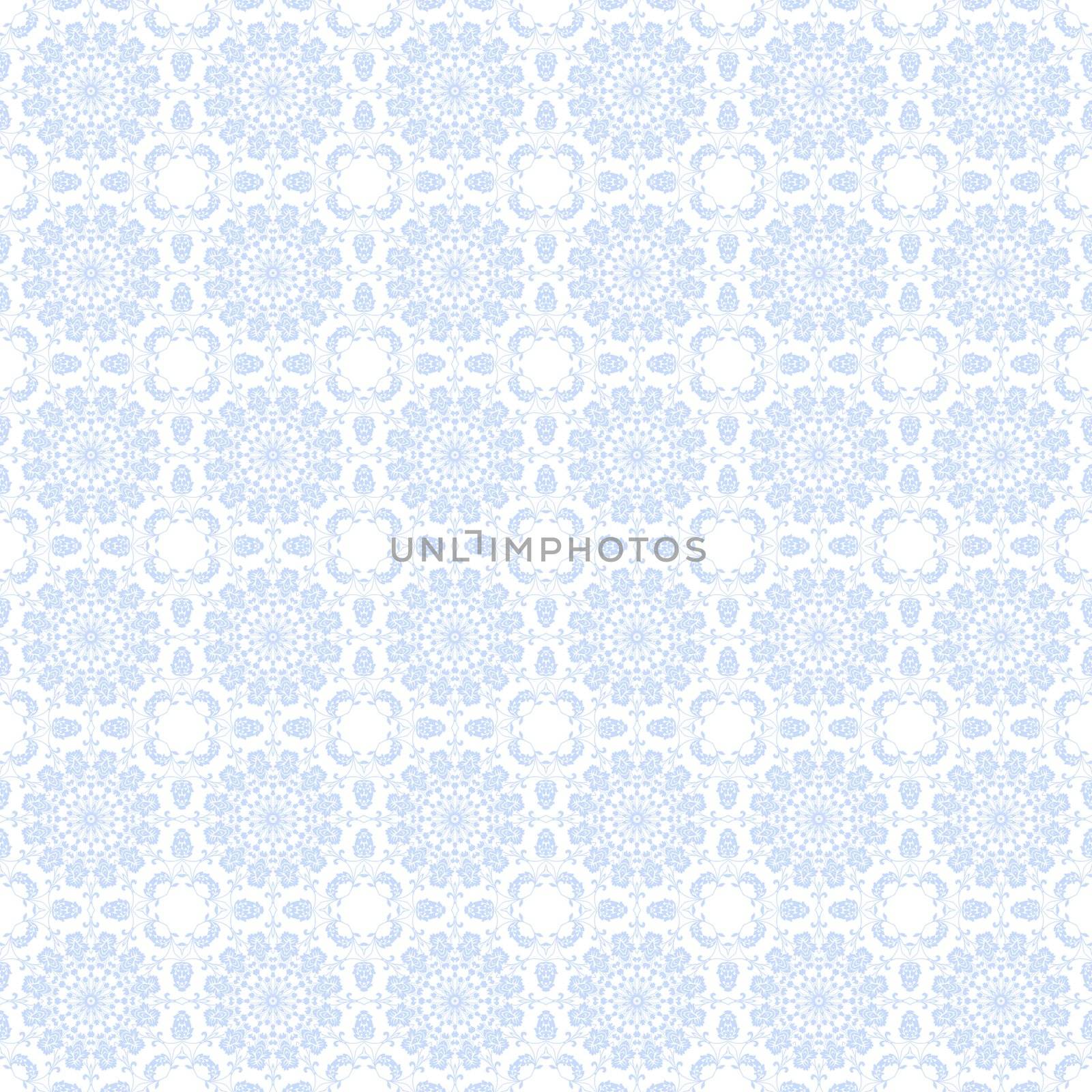 Baby blue vine elements combine in kaleidoscope patterns for a damask style pattern