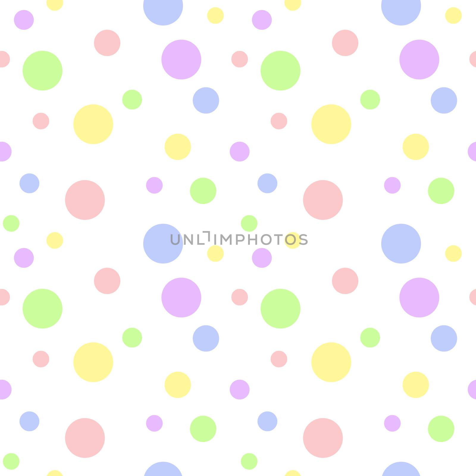 Seamless pattern of soft baby pastel color polka dots in various sizes on white background