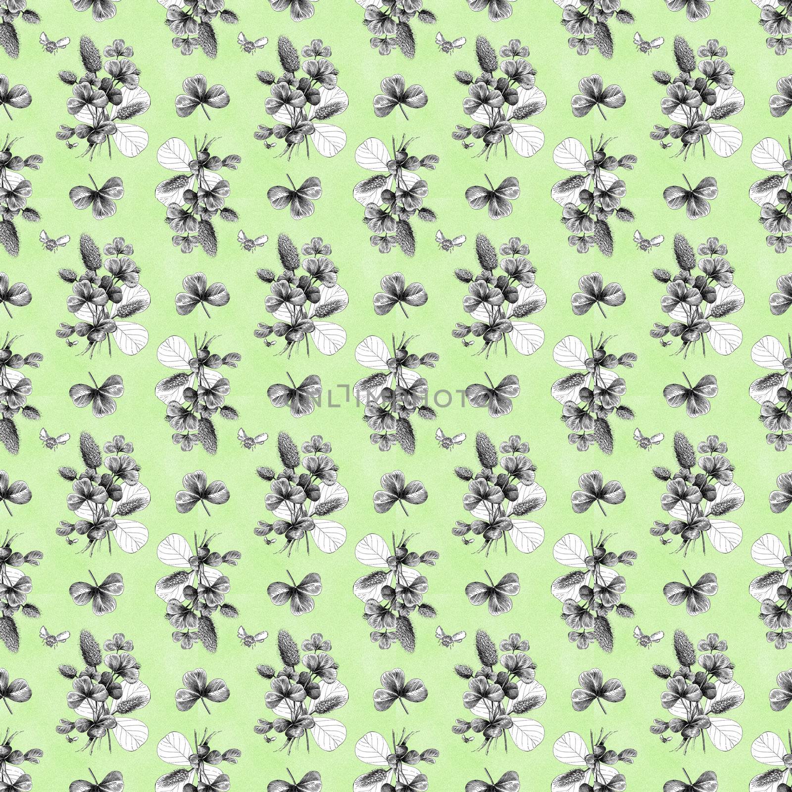 Seamless clusters of black and white clover blossoms and leaves with bees on pastel green