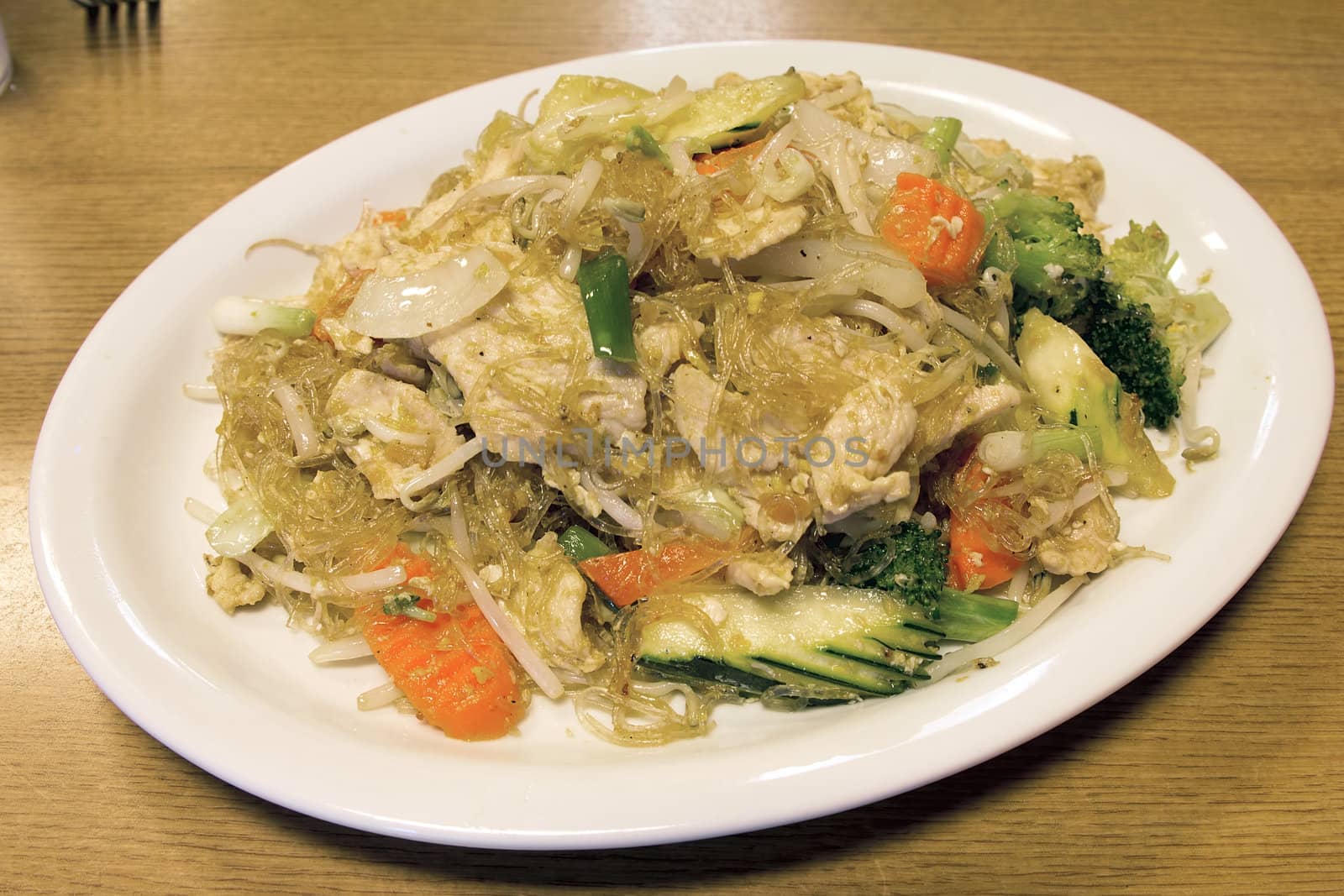 Thai Pad Woon Sen Clear Bean Noodles Stir Fry with Chicken Vegetables Zucchini Carrots Broccoli and BEan Sprouts