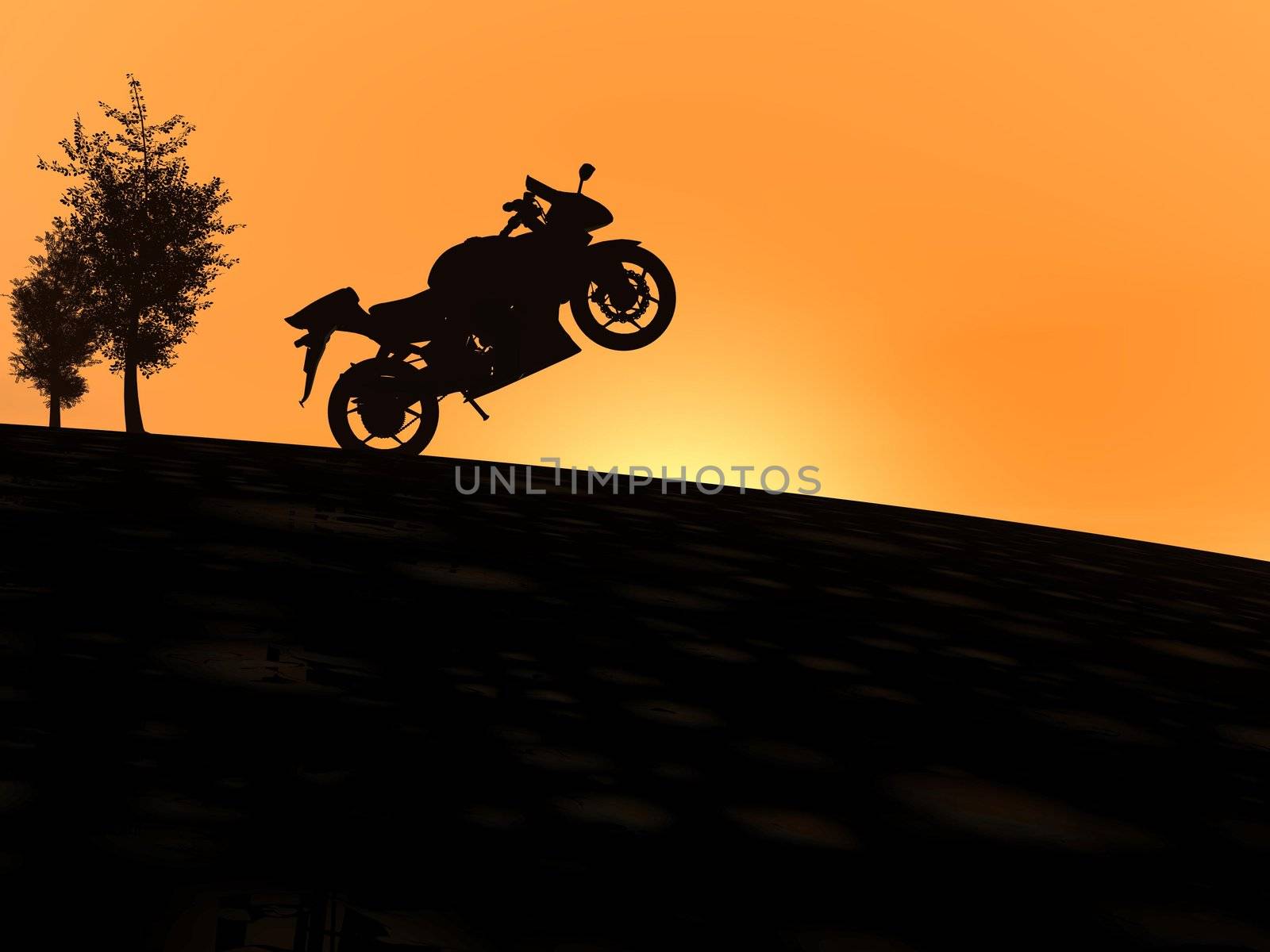 One motorbike shadow on a hill standing upon the sun next to a tree by sunset