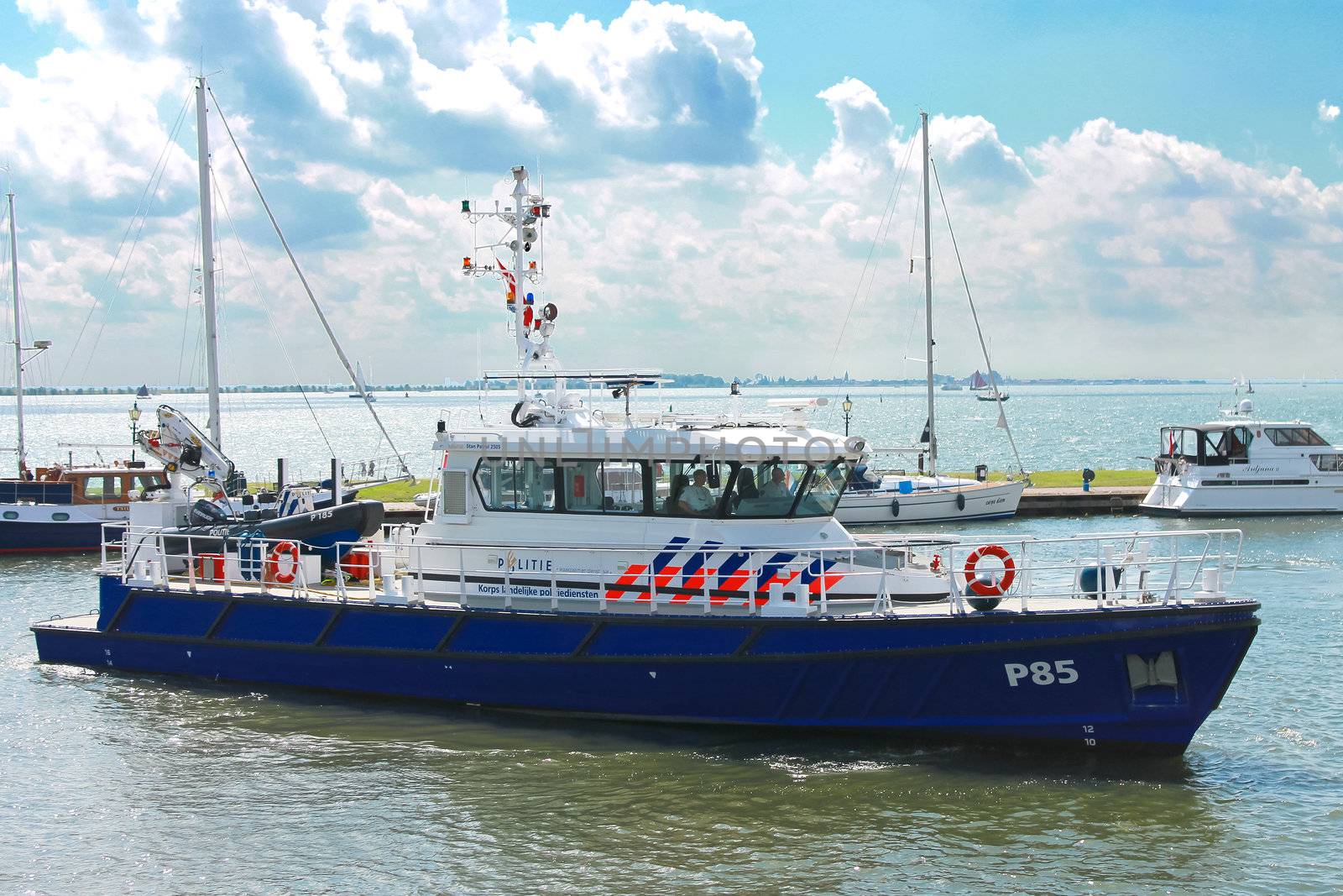 Police boat in the port of Volendam. Netherlands
