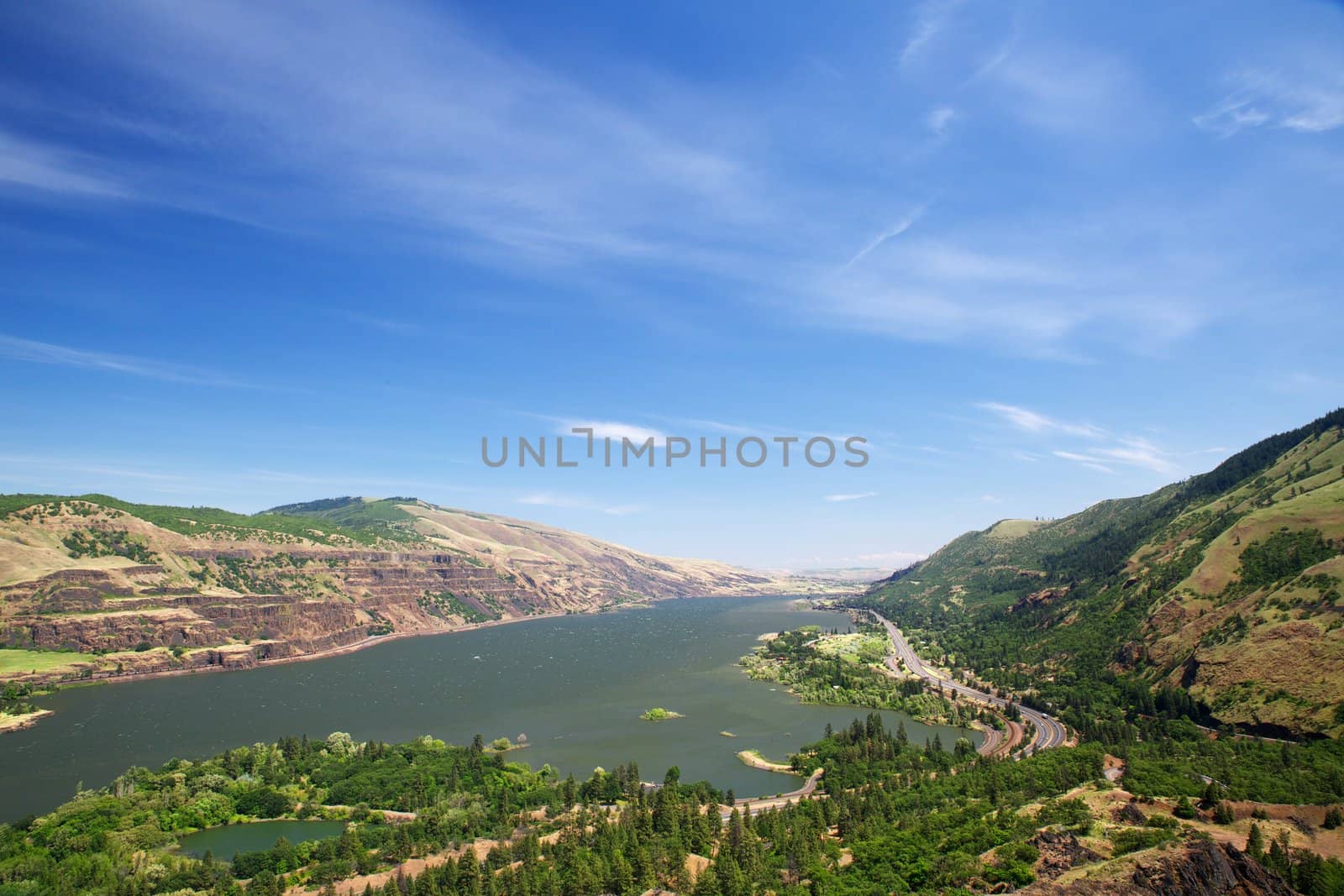 Columbia river canyon with broad expanse of blue sky