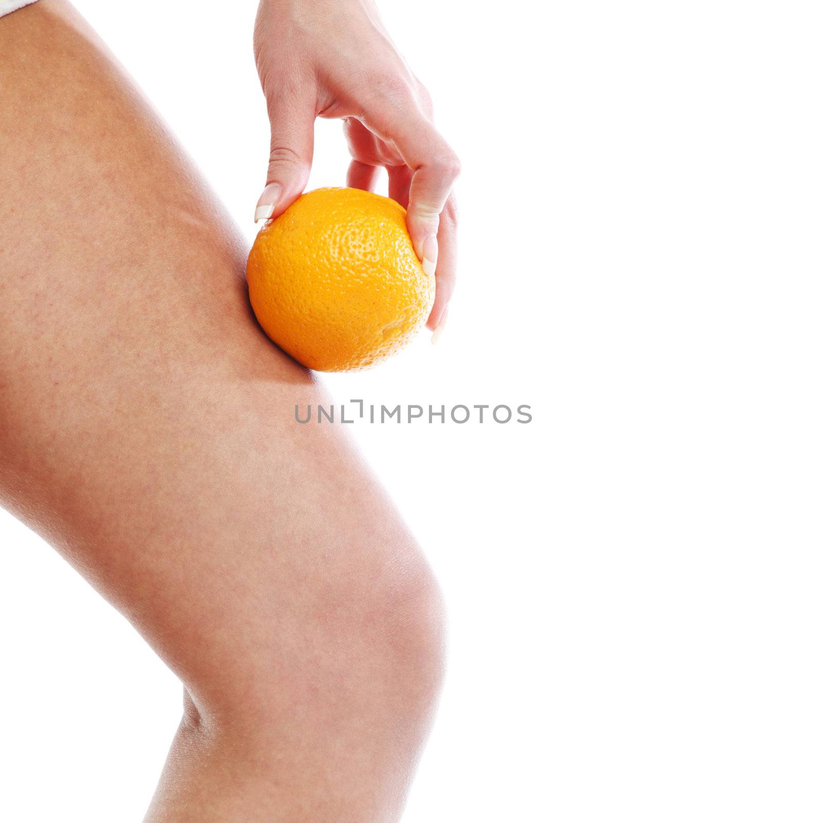 leg and oranges isolated white background 