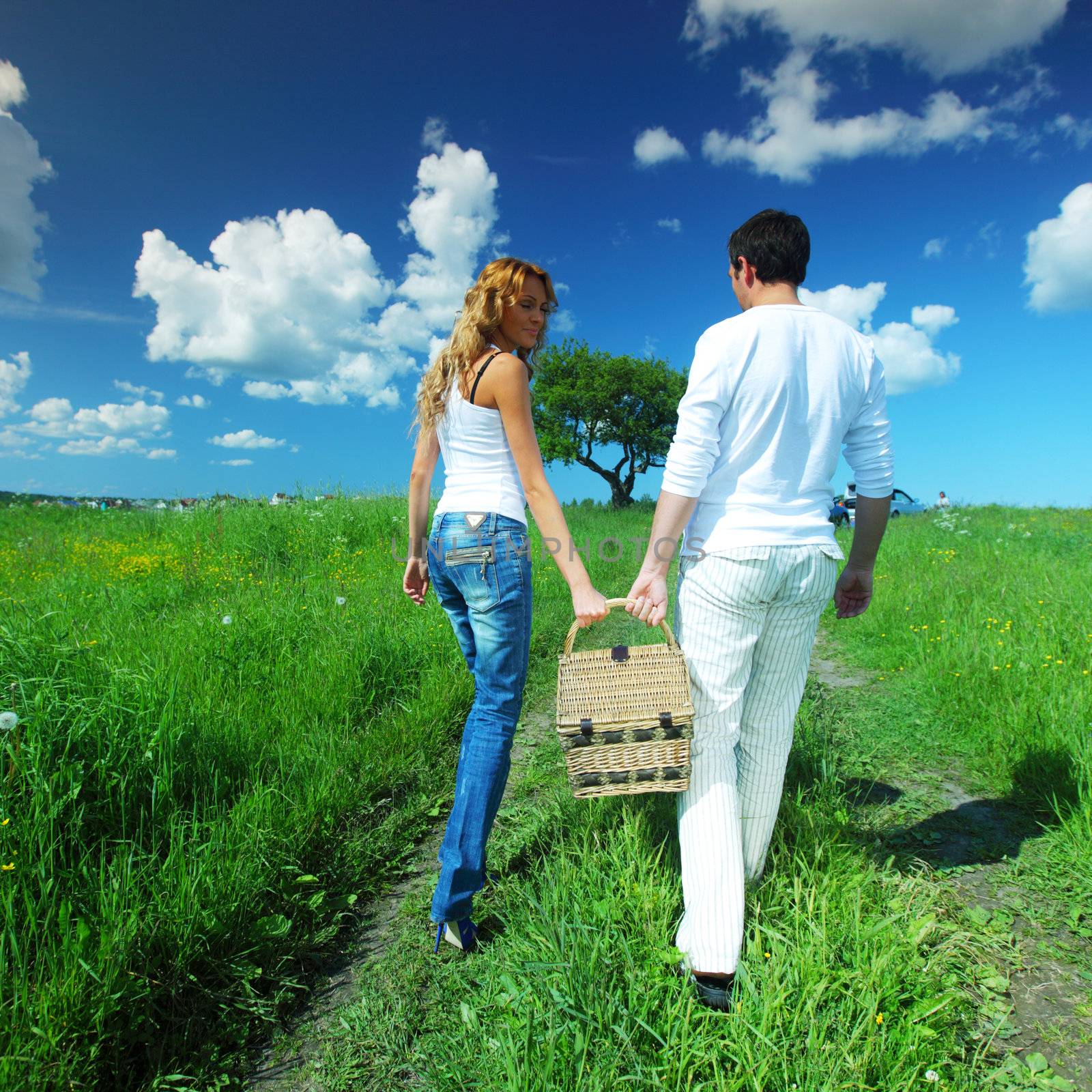 man and woman walk on picnic in green grass