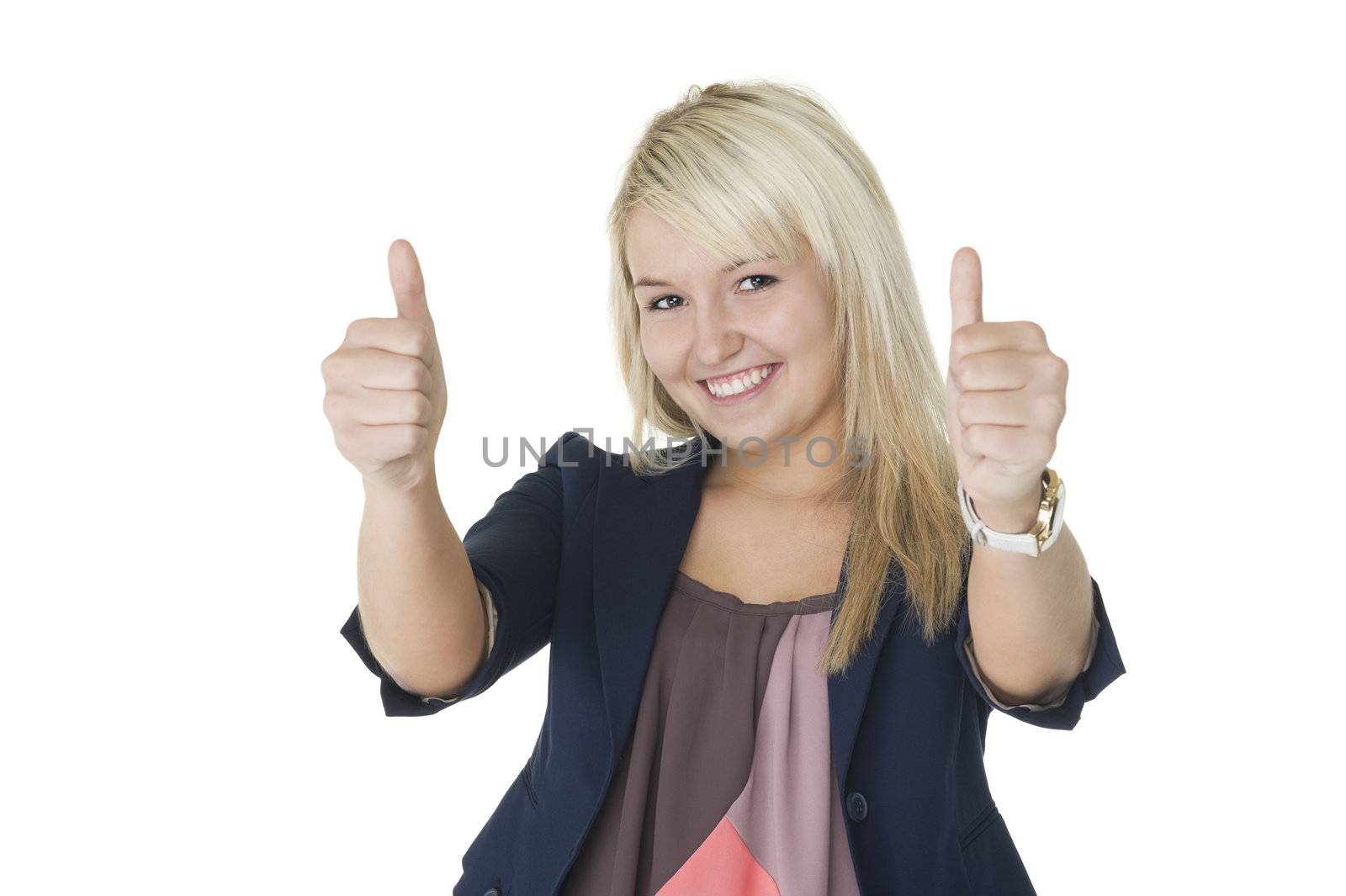Motivated enthusiastic young woman giving double thumbs up of victory and success while smiling gleefully in celebration