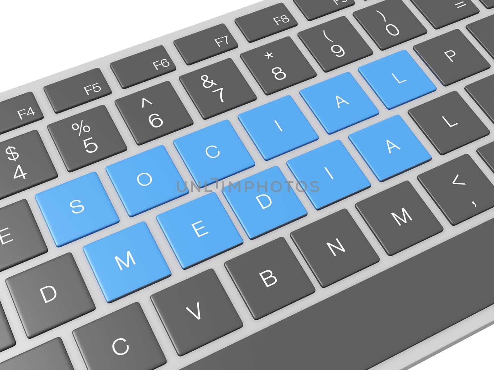 Blue social media keys, buttons on computer keyboard.
