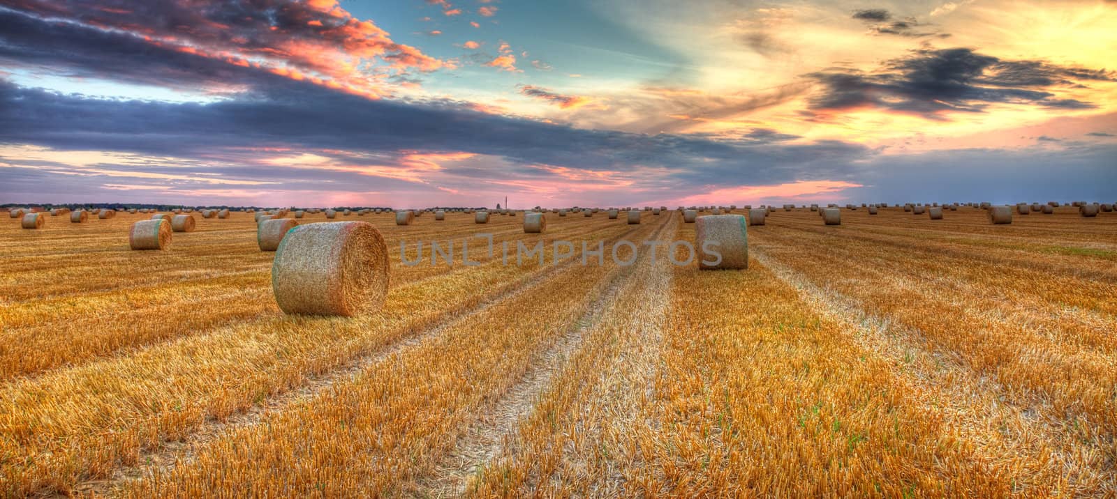 Beautiful sunset over a field with bales of hay.