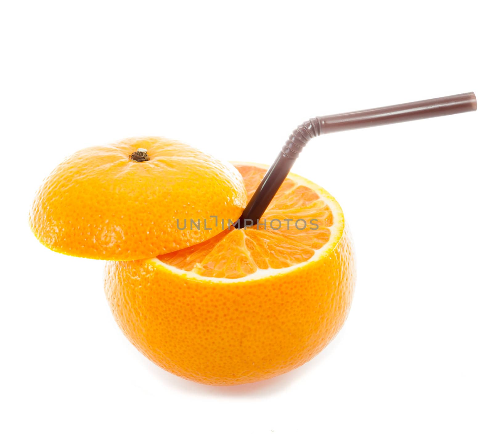 Orange with straw on white background isolate