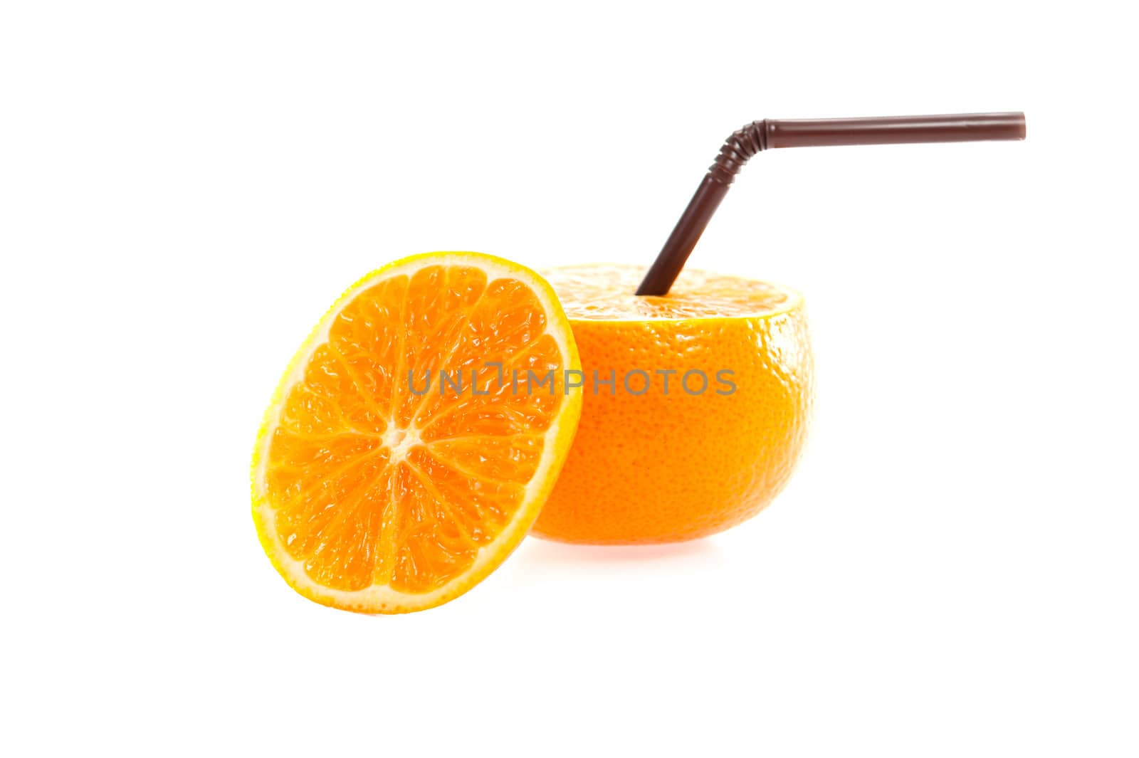 Orange with straw on white background isolate