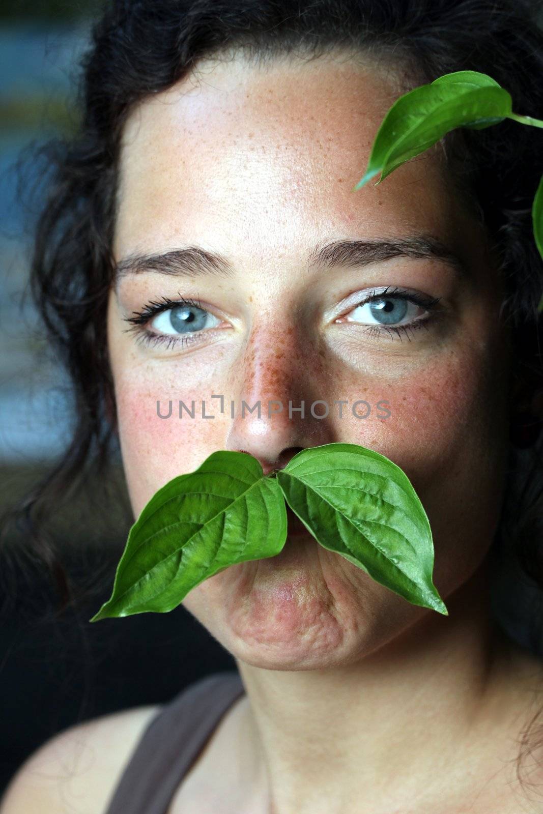 young woman with funny green foliage beard by Teka77
