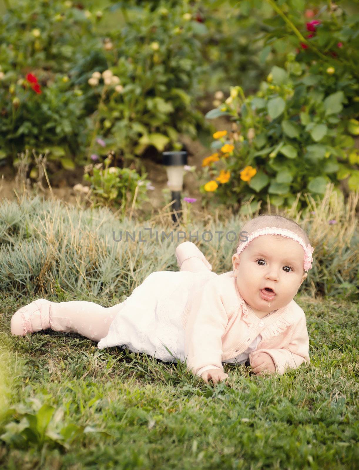 New born baby sitting in the grass