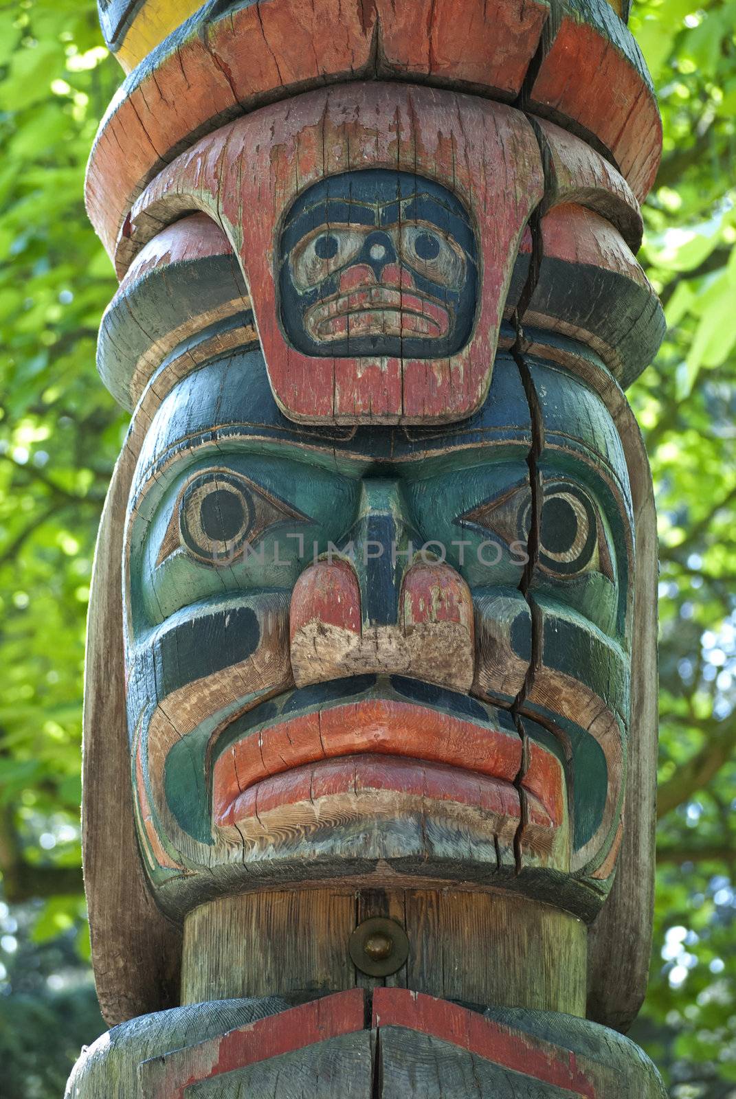 Wooden totem pole, monumental sculpture carved from large tree