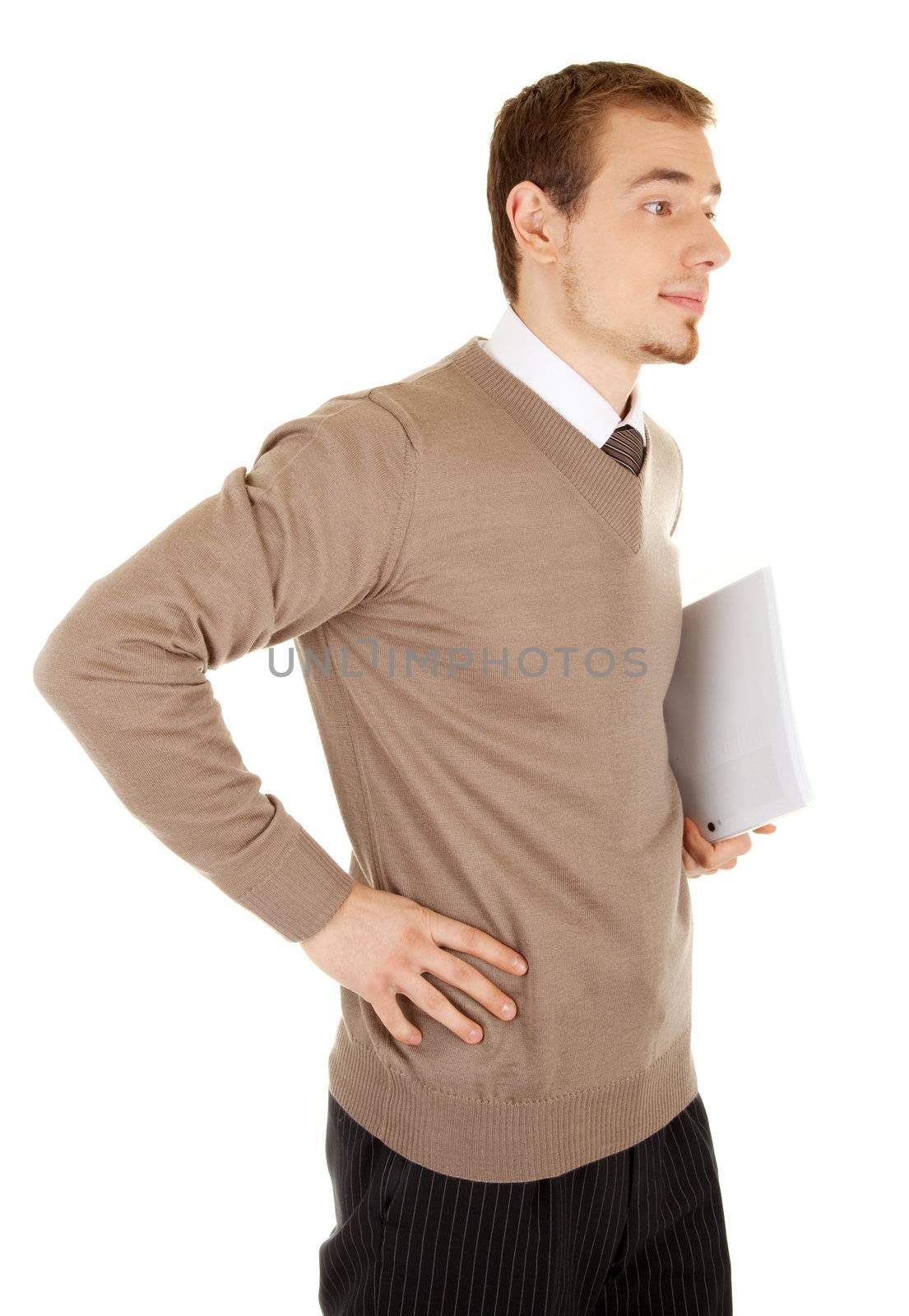Calm young businessmen man with documents, front view. Isolated on white background.