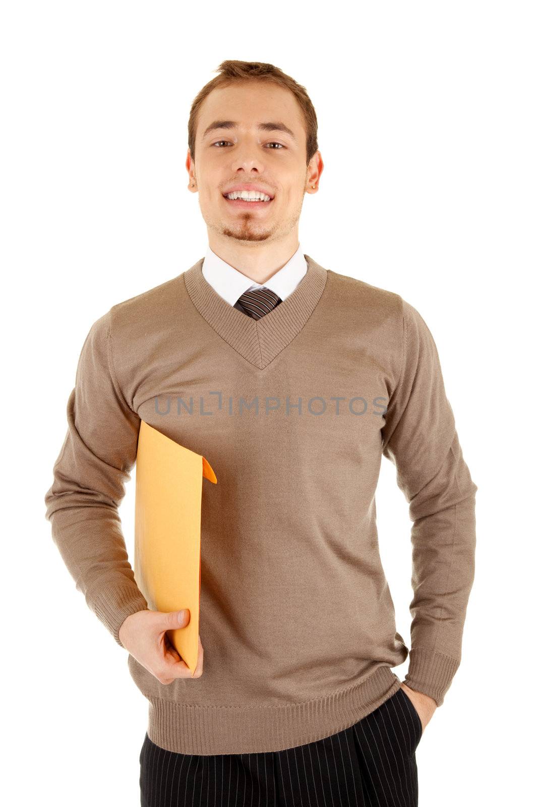 Smiling young businessmen man with documents. Isolated on white background. 