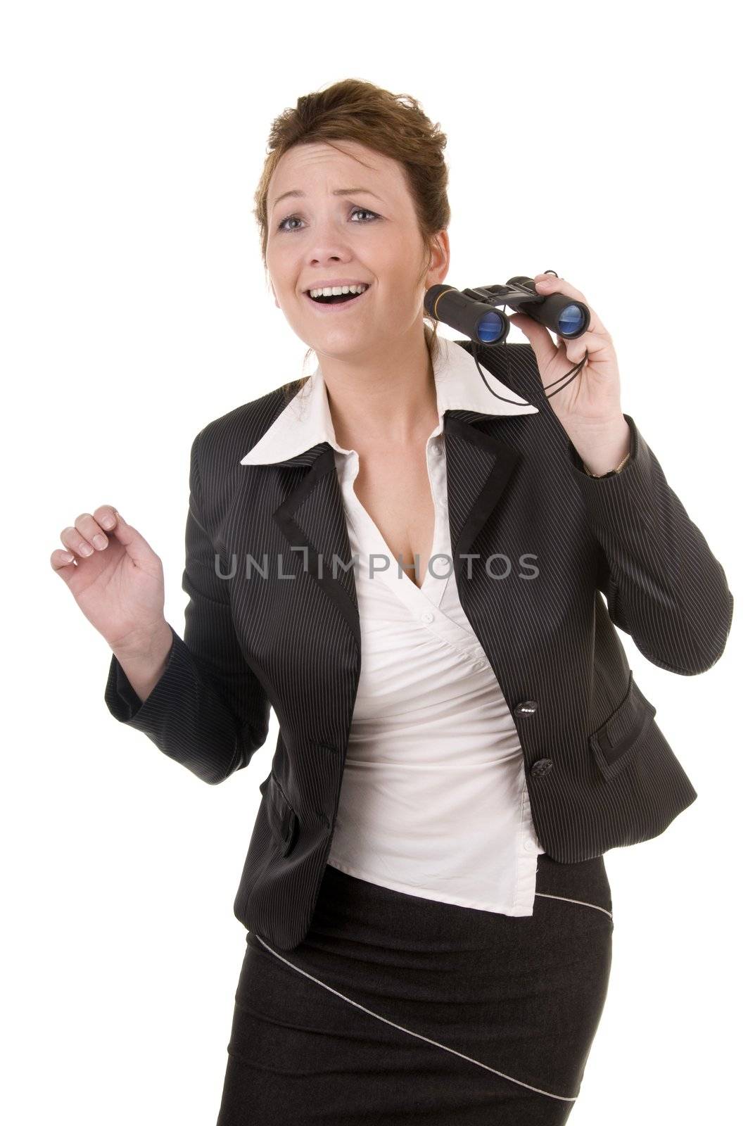 Excited business woman in suit with binoculars isolated on white background