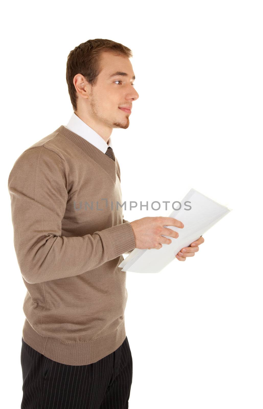 Calm young businessmen man with documents, side view. Isolated on white background.