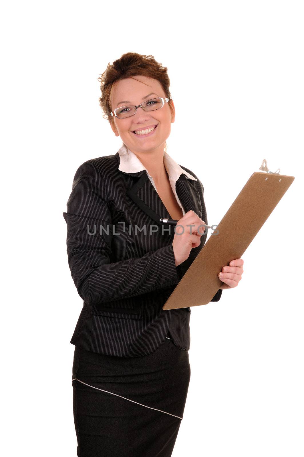 Smiling business woman with documents isolated on white background