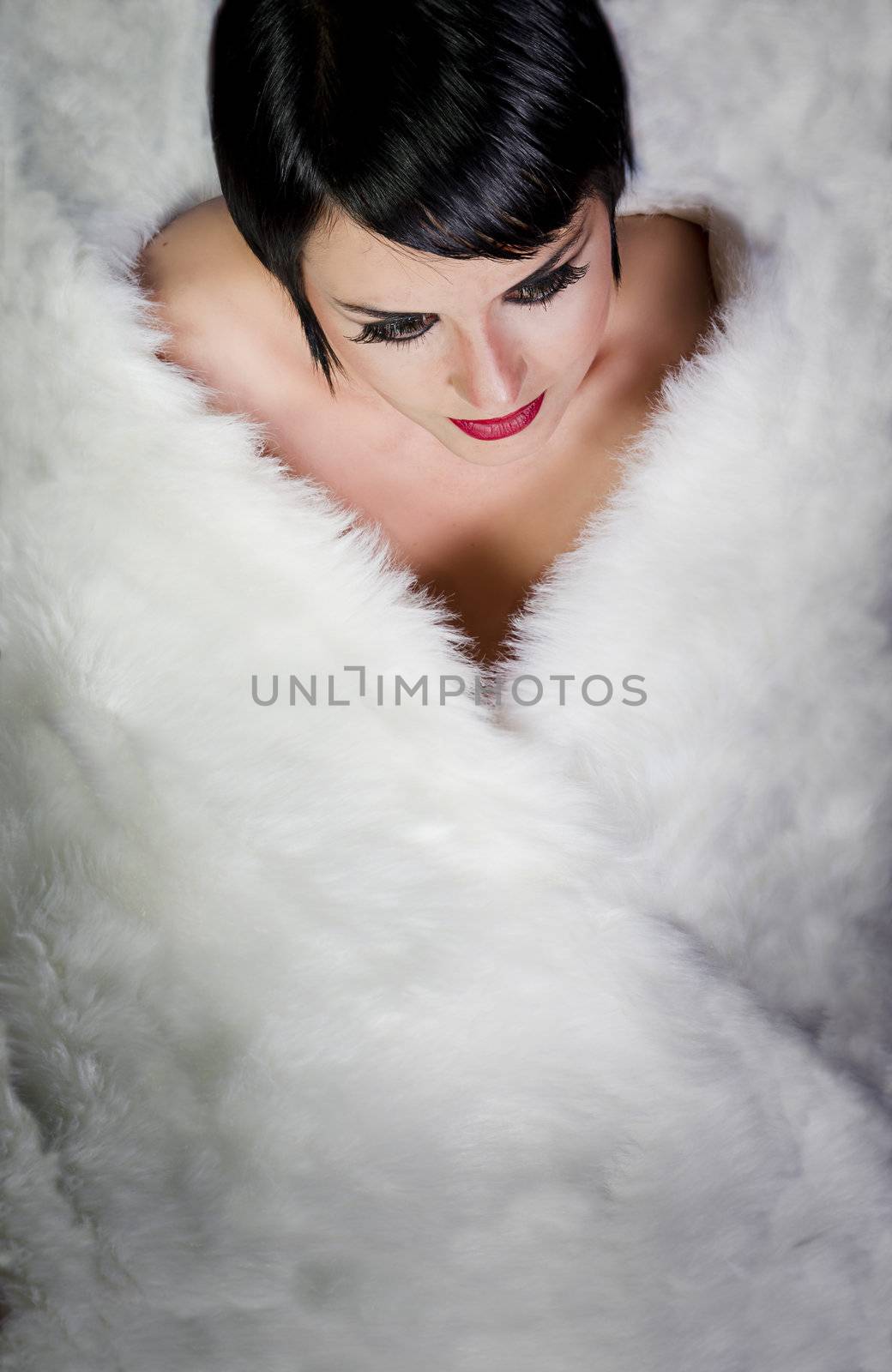 20s style beautiful brunette female wearing fur, swan looking
