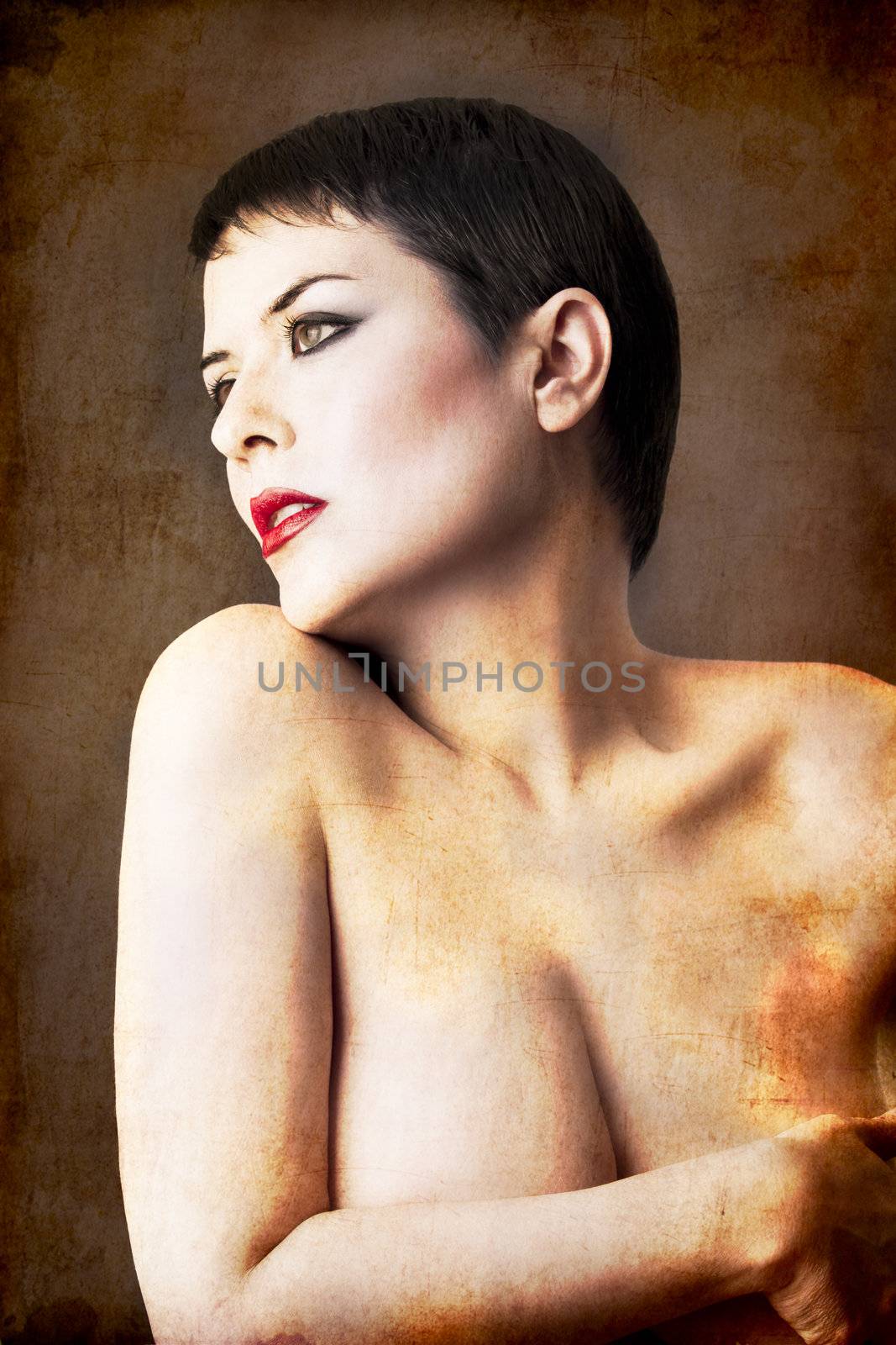 seminude beautiful short haired brunette woman, androgine, female power