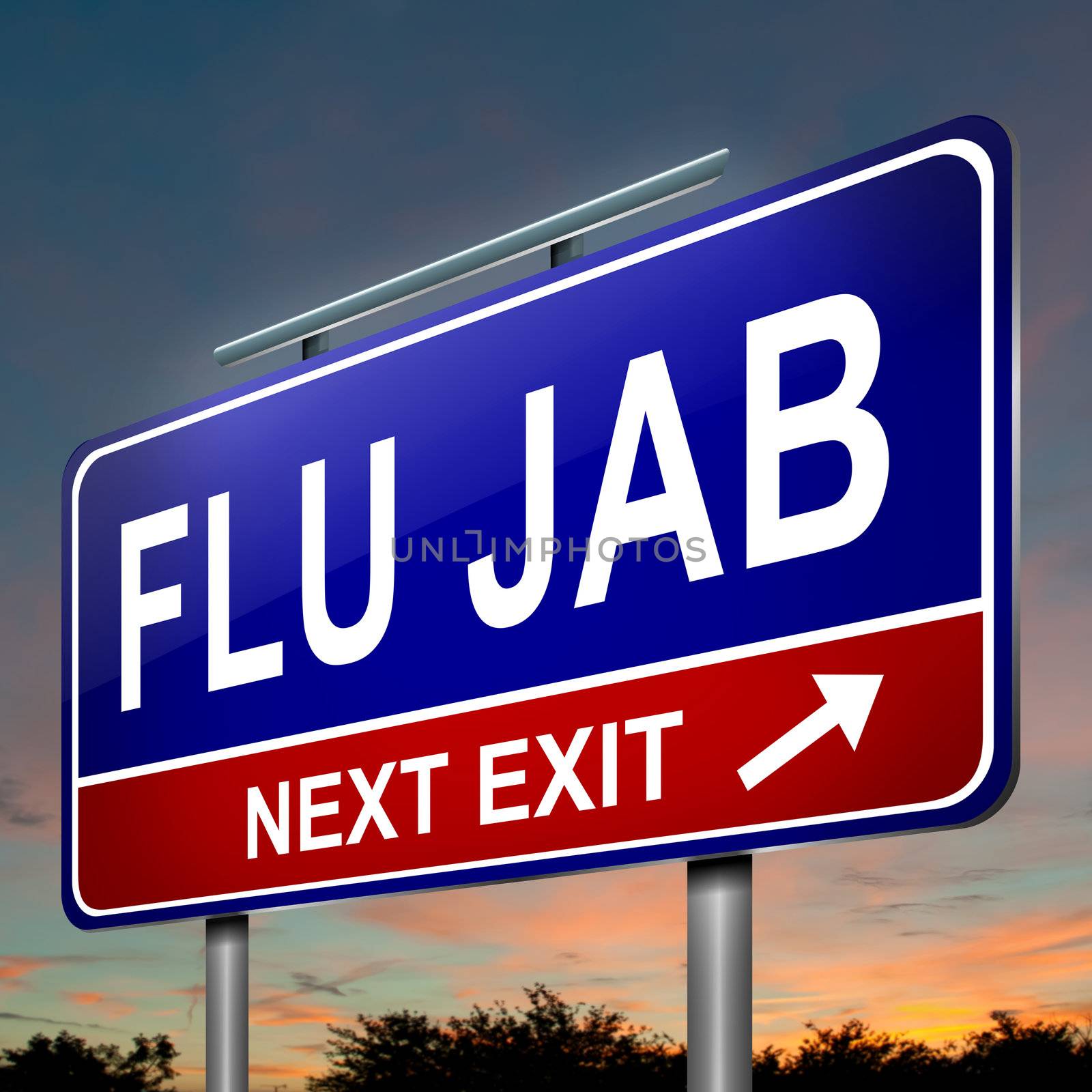 Illustration depicting an illuminated roadsign with a flu jab concept. Dark sky background.