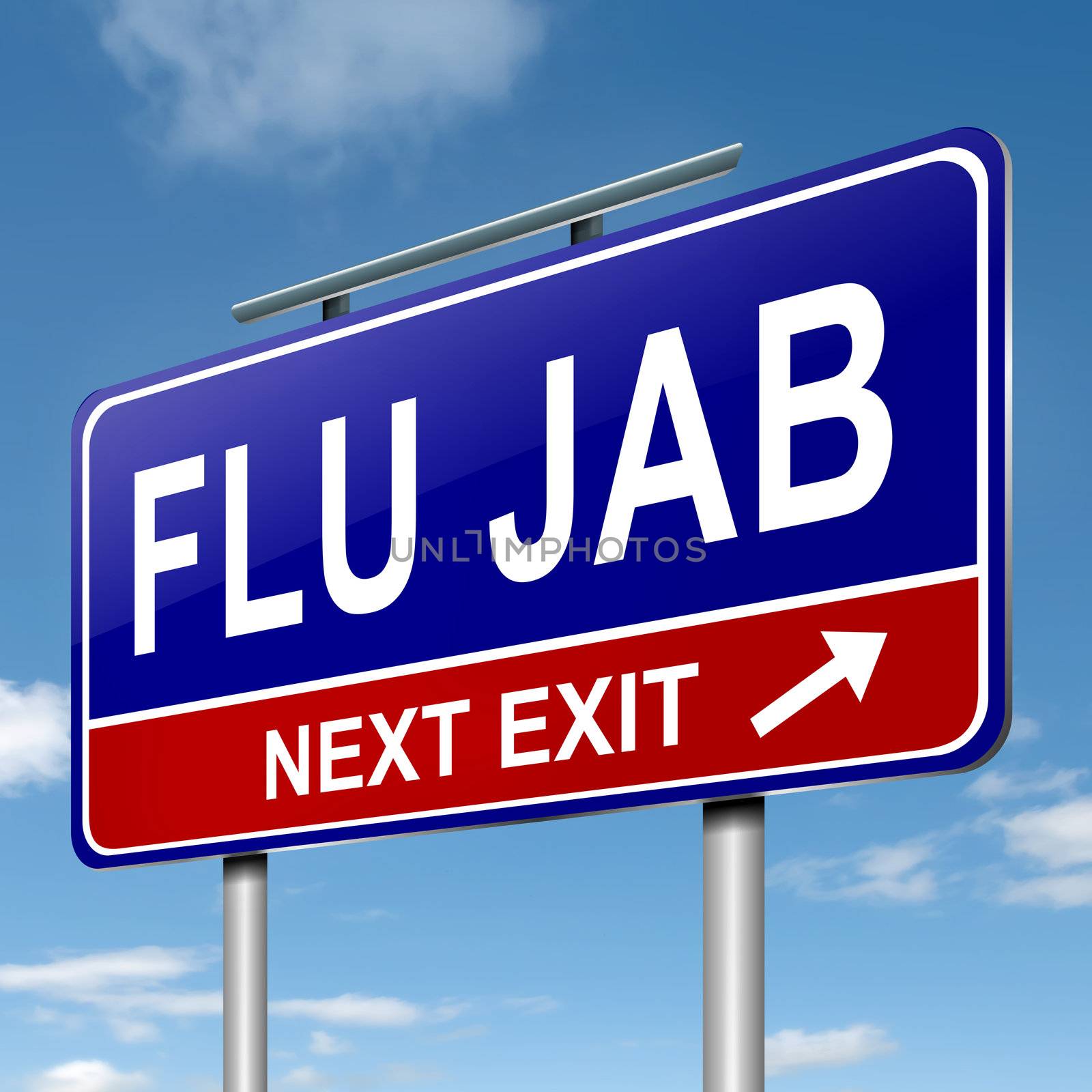 Illustration depicting a roadsign with a flu jab concept. Blue sky background.
