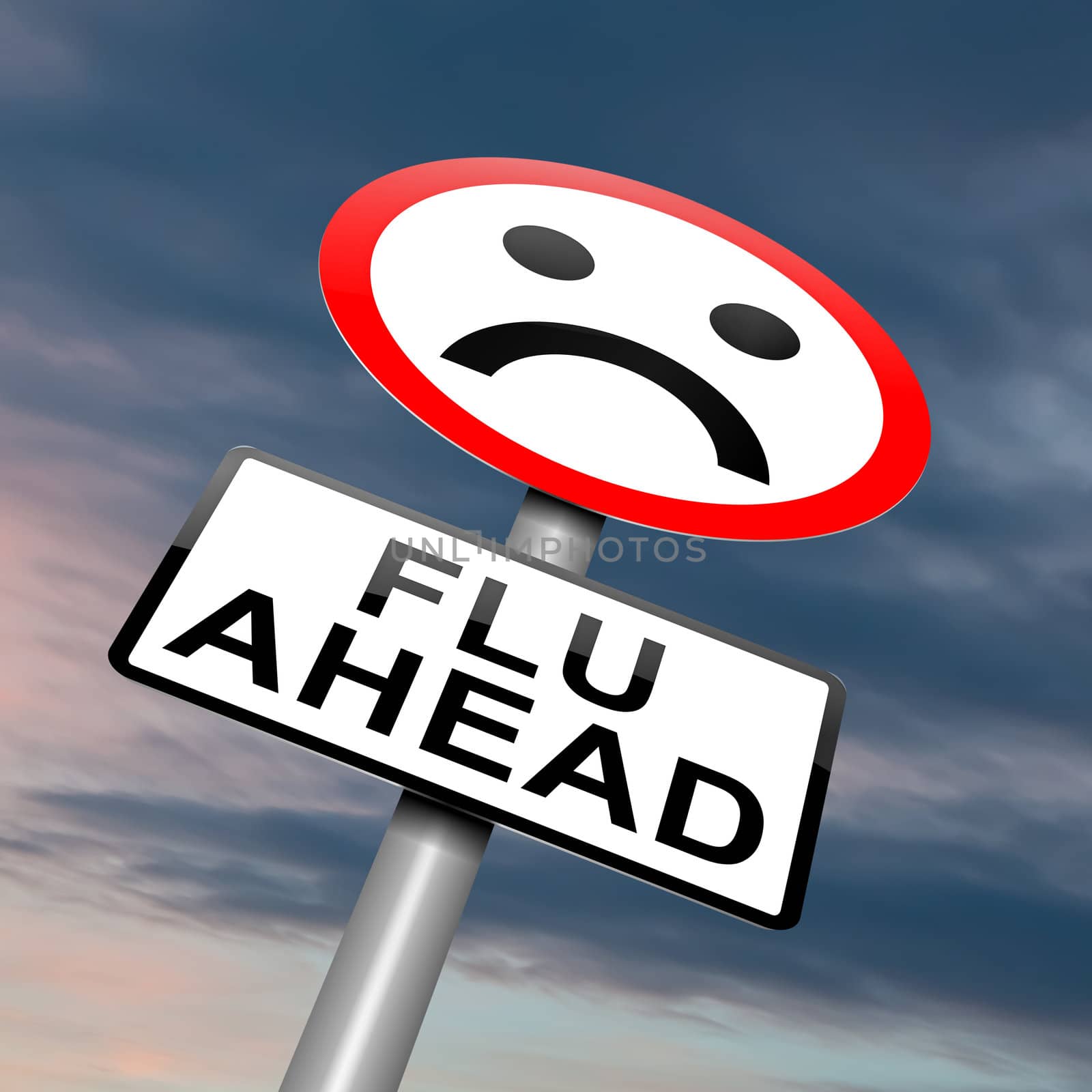 Illustration depicting a roadsign with a flu concept. Cloudy dusk background.