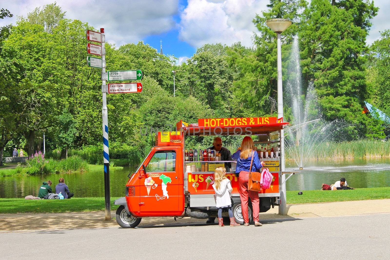 Snack cart in city park in Amsterdam. Netherlands