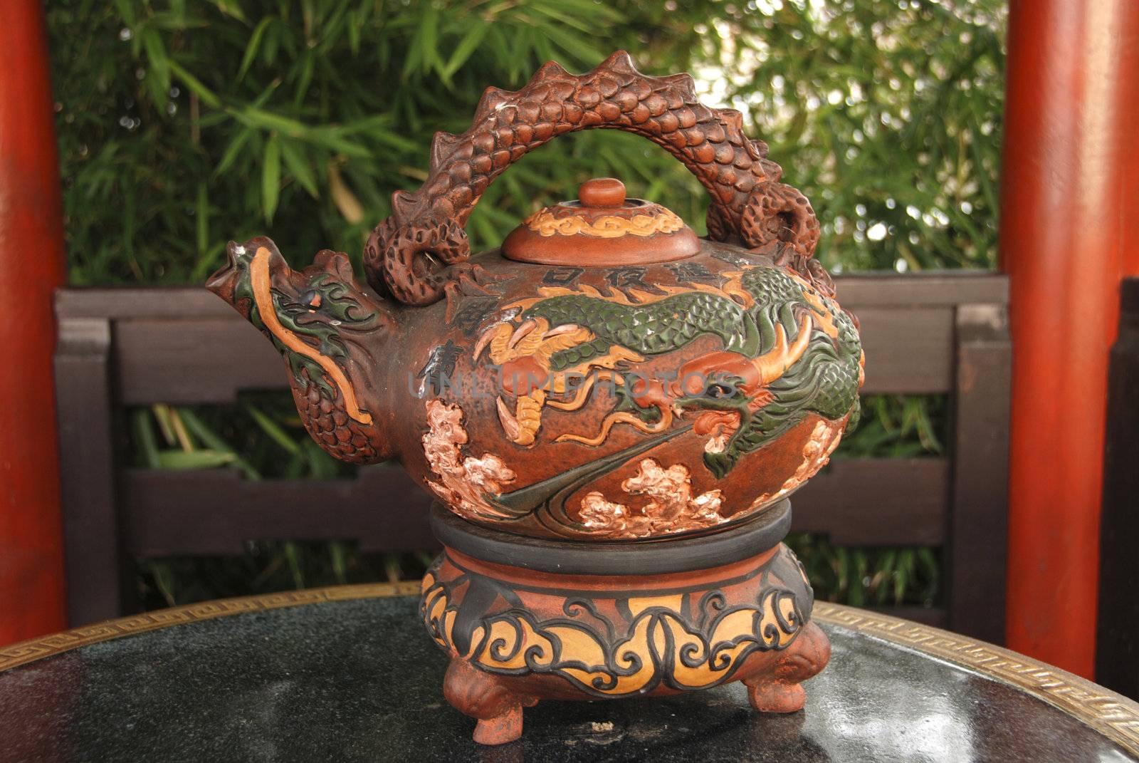 Traditional Chinese tea-kettle in the bamboo groove garden