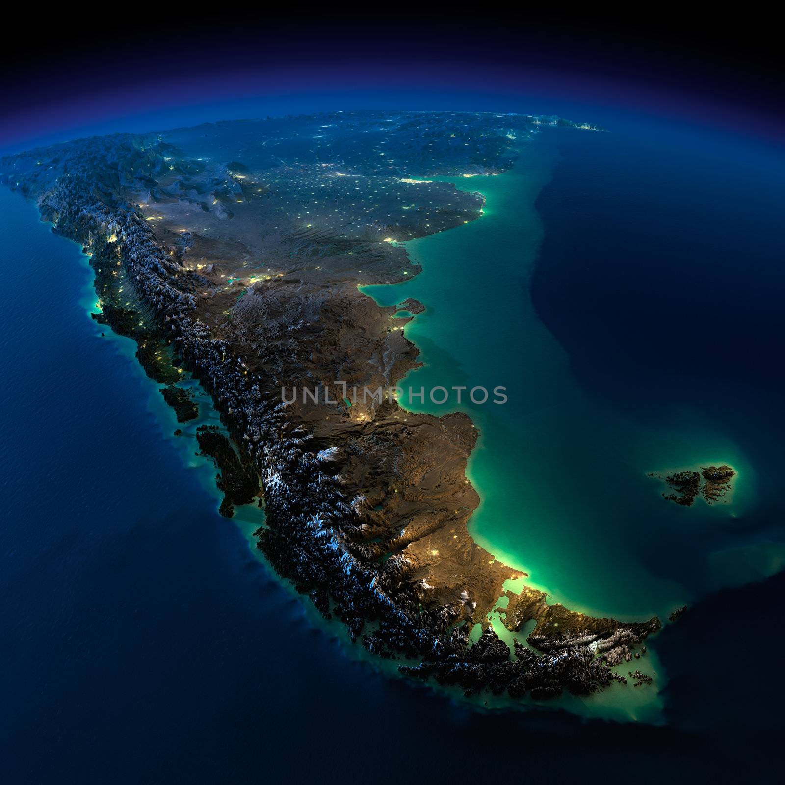 Highly detailed Earth, illuminated by moonlight. The glow of cities sheds light on the detailed exaggerated terrain and translucent water of the oceans. Elements of this image furnished by NASA