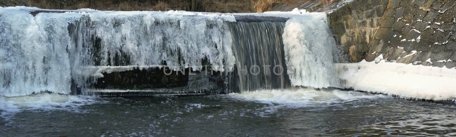 Flowing water in a brook is covered by clear ice