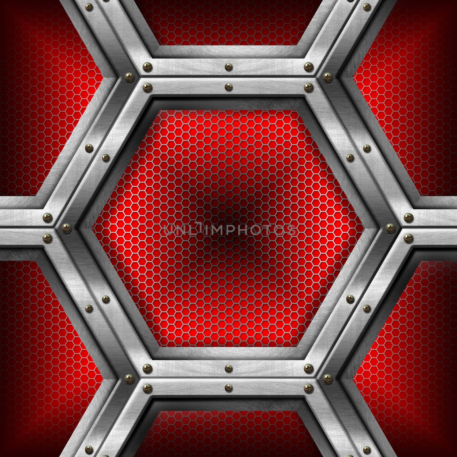 Red and metal business background with grid, hexagons and reflections
