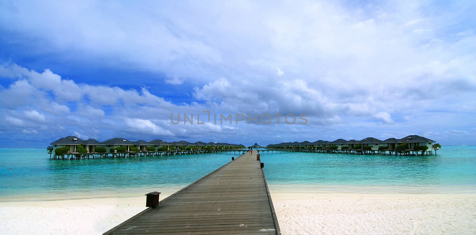 Panoramic photo of water bungalows and jetty in the Maldives