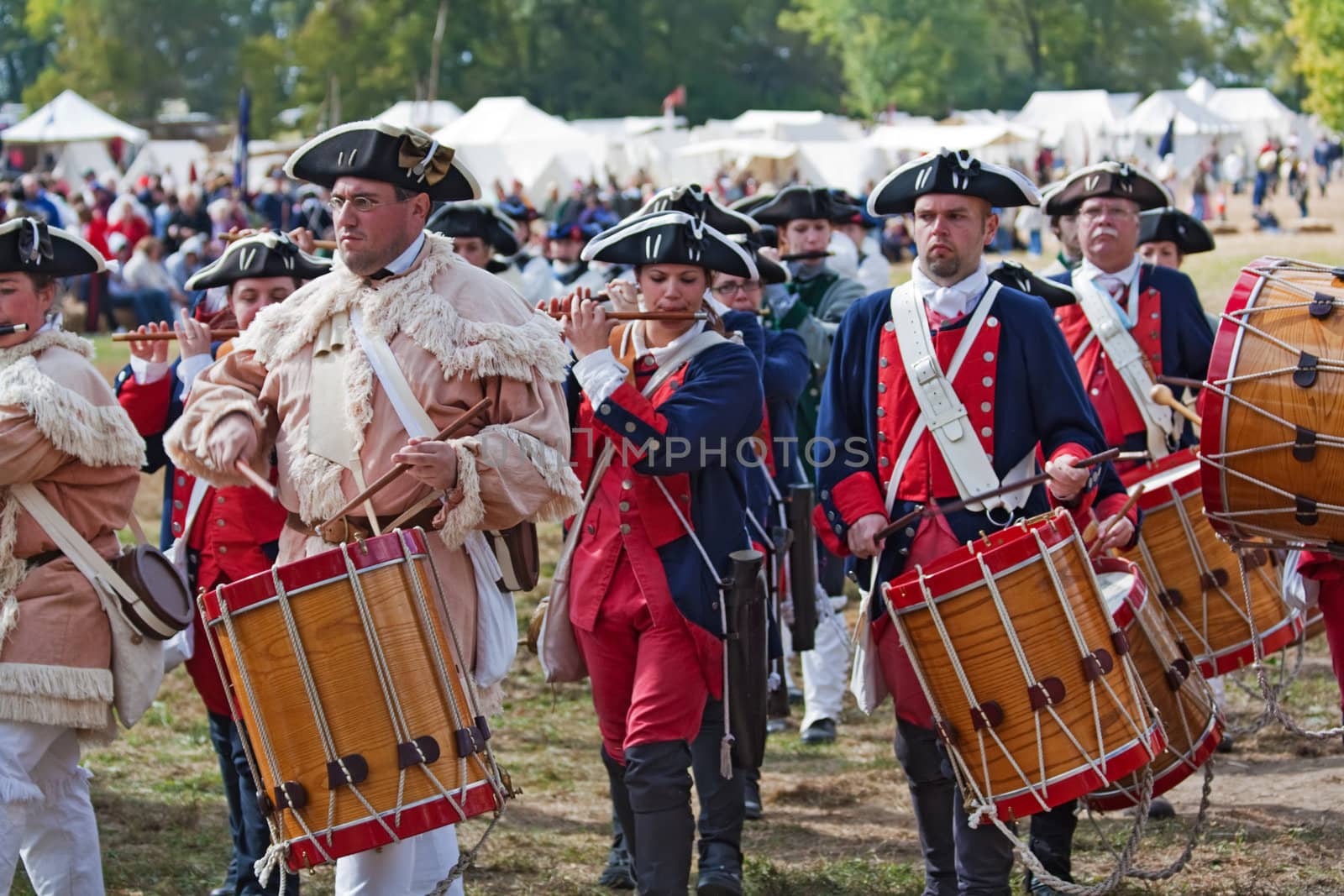 WEST LAFAYETTE, INDIANA - OCTOBER 3: Fifers and drummers march in a parade at the Feast of the Hunter's Moon in West Lafayette, Indiana, October 3, 2010. The Feast re-creates the annual fall gathering of the French and Native Americans which took place at Fort Ouiatenon during the mid 1700s.