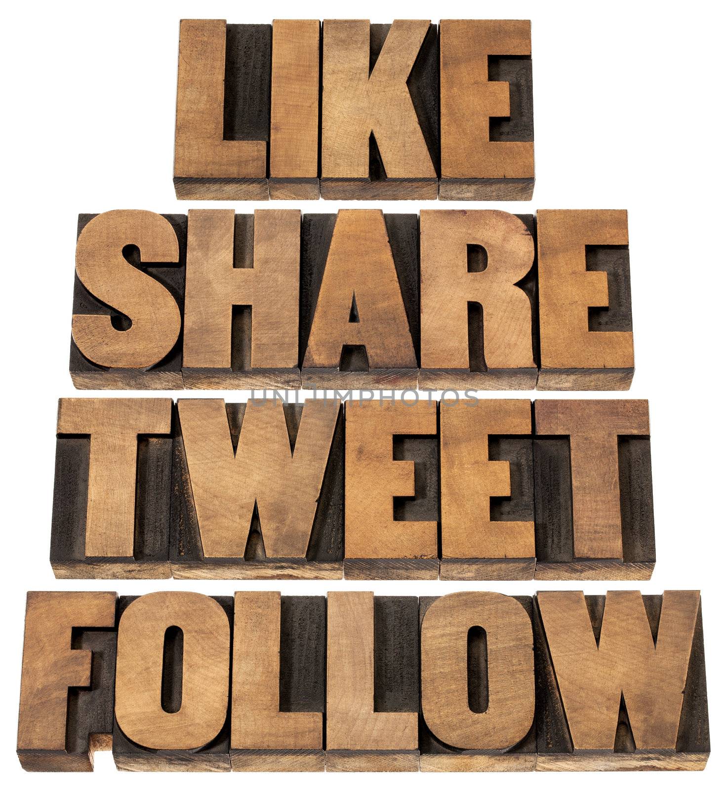 like, share, tweet, follow words - social media concept - isolated text in vintage letterpress wood type printing blocks
