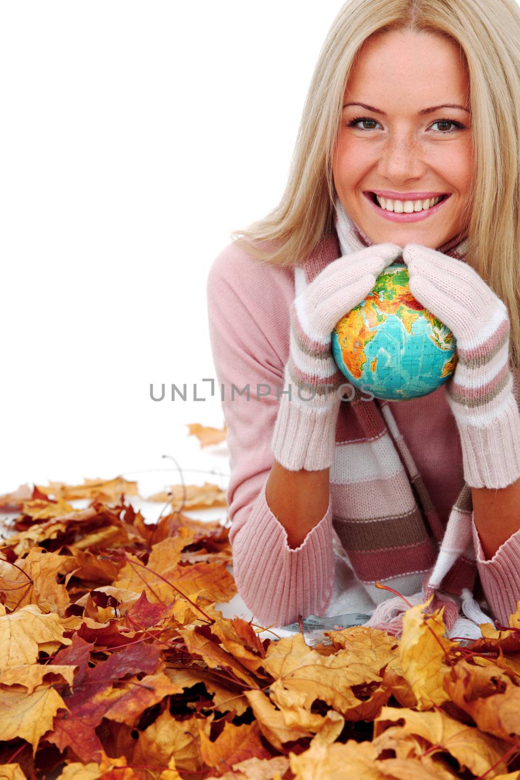 woman take globe isolated in studio