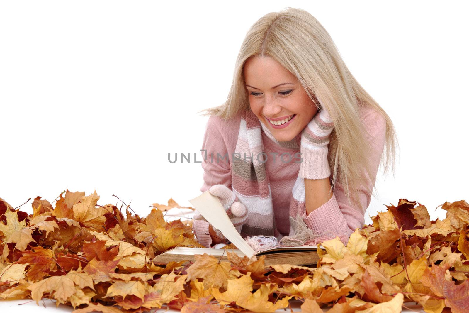 autumn woman read in studio on leaves