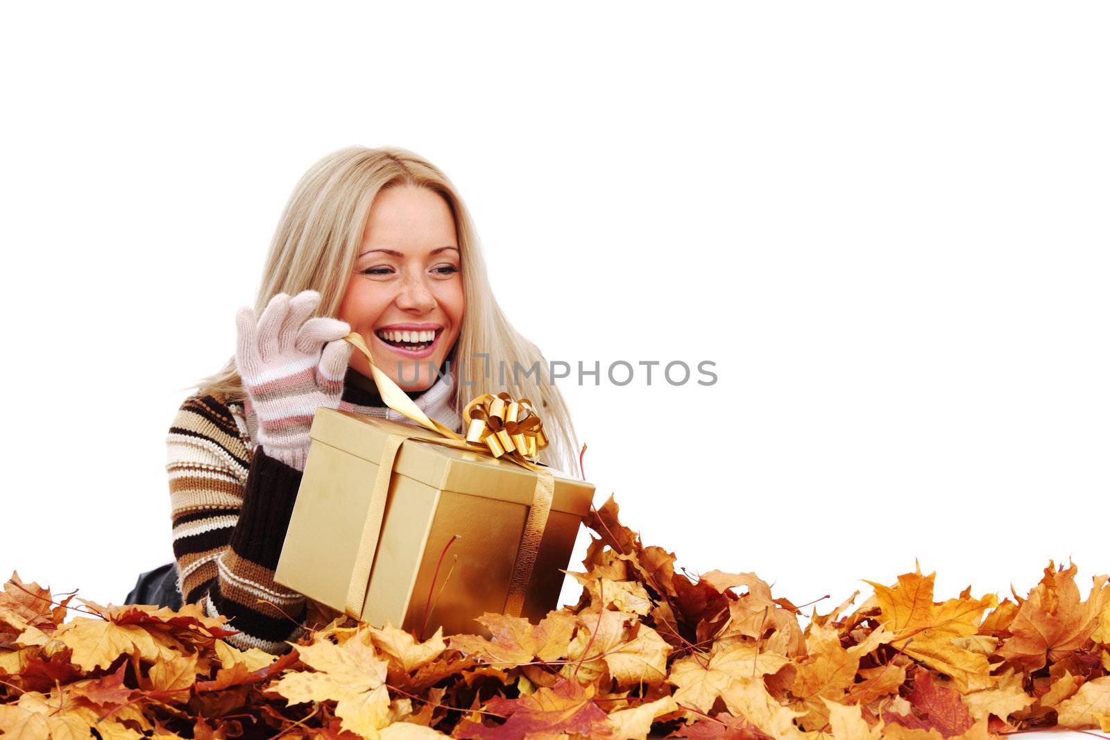  woman take autumn gift isolated in studio