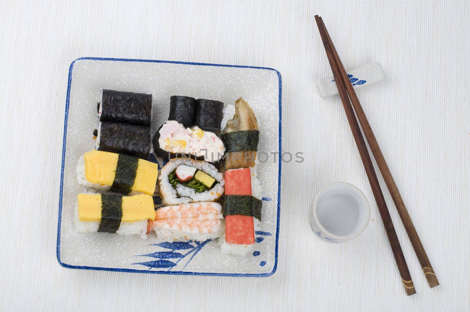 Varieties of sushi set on a plate