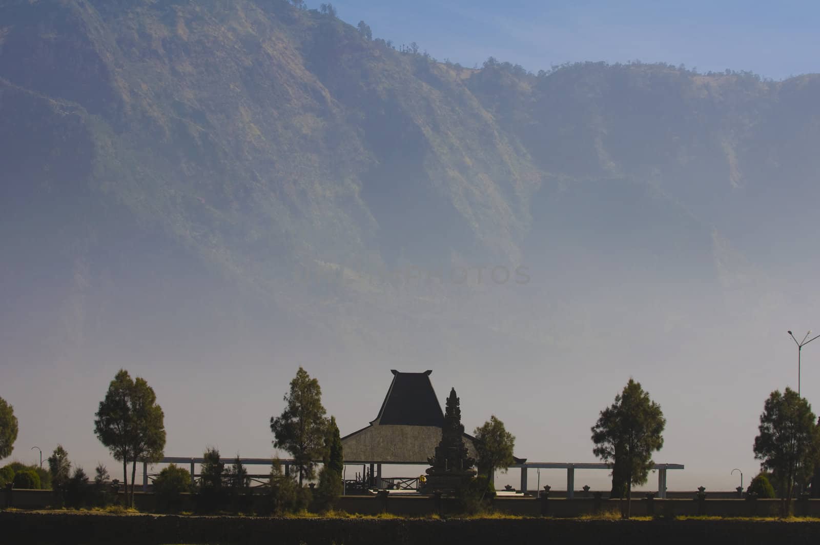 Temple in bromo mountain with mountain background early in the morning