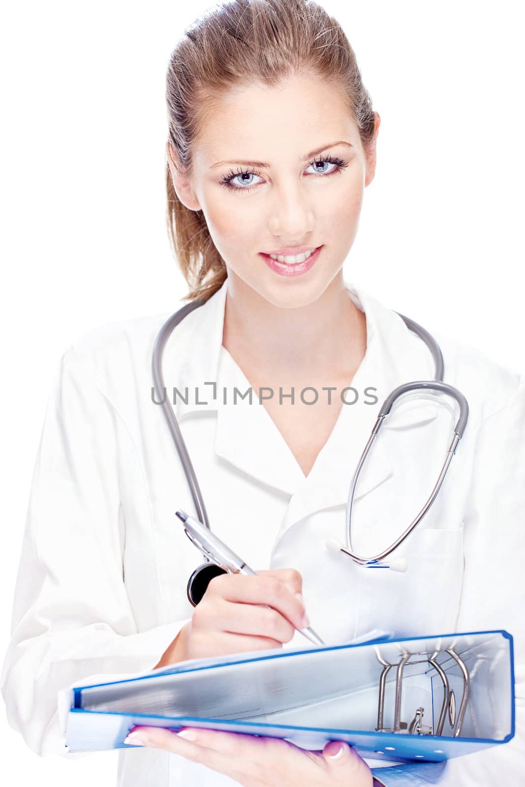female doctor with papers and stethoscope by imarin