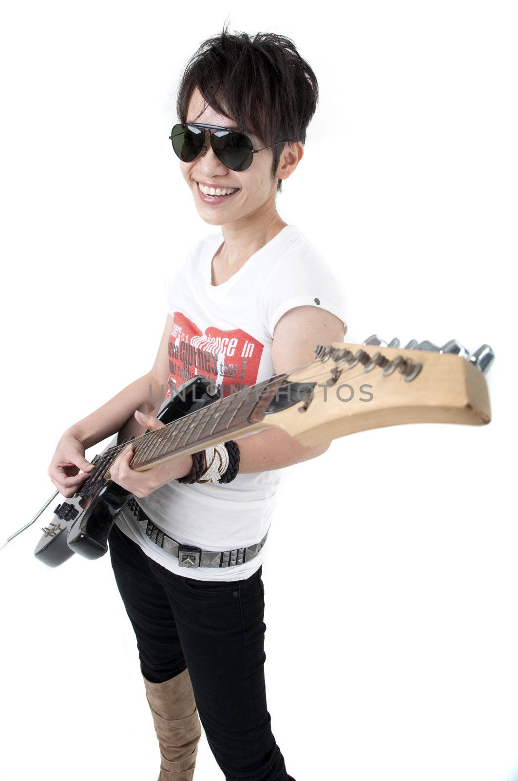 asian female rock star with isolated white background and generic brandless t-shirt wording 