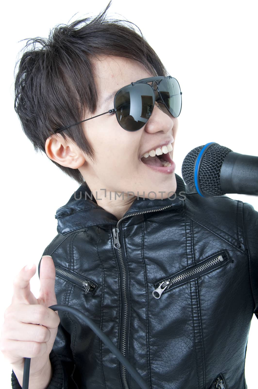 teenage asian female rock star with isolated white background