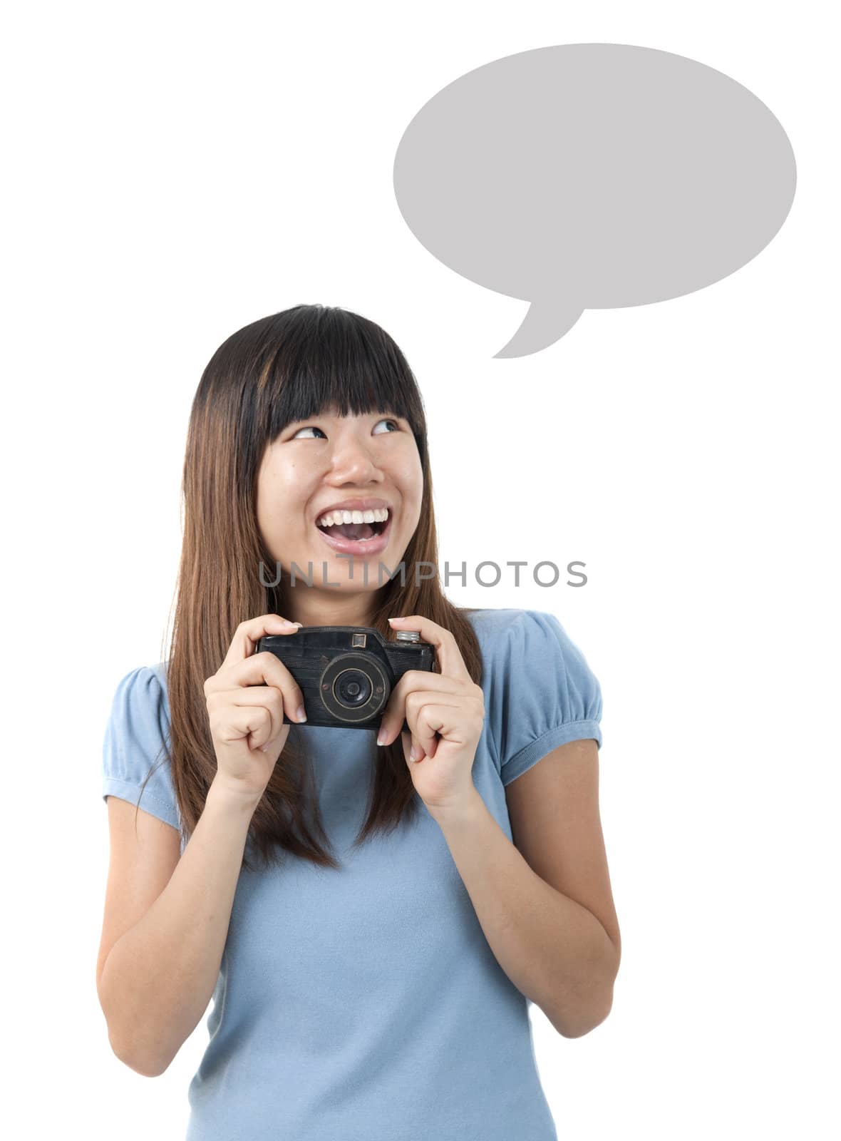  asian girl holding a vintage camera with a thought cloud