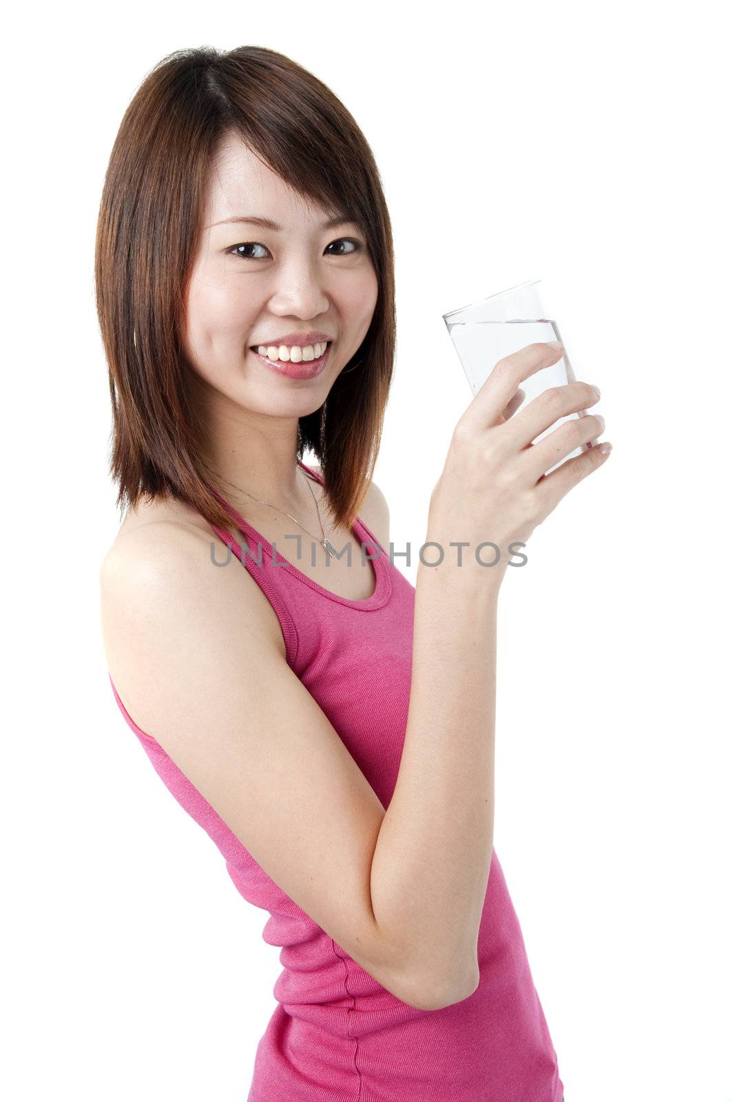 an asian girl drinking plain water with white background 