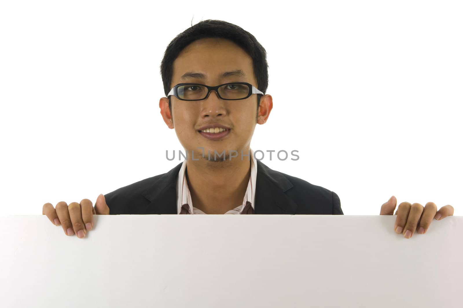 asian business man behind blank cardboard