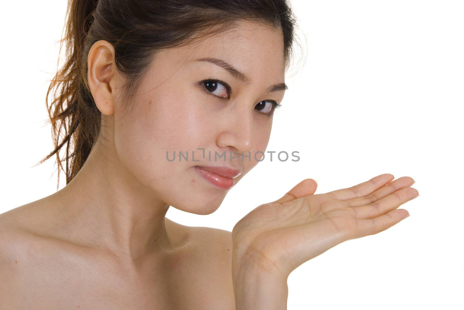 asian girl with hand facing up 